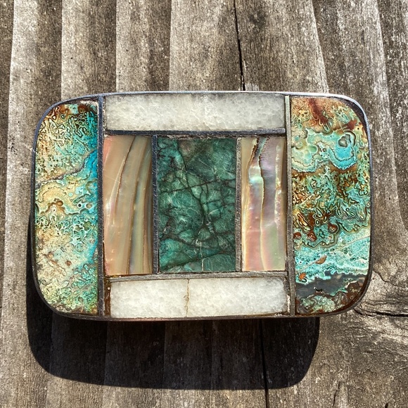 Vintage Silver Turquoise Mother Of Pearl Quartz Stones Inlay Belt Buckle - Picture 9 of 14